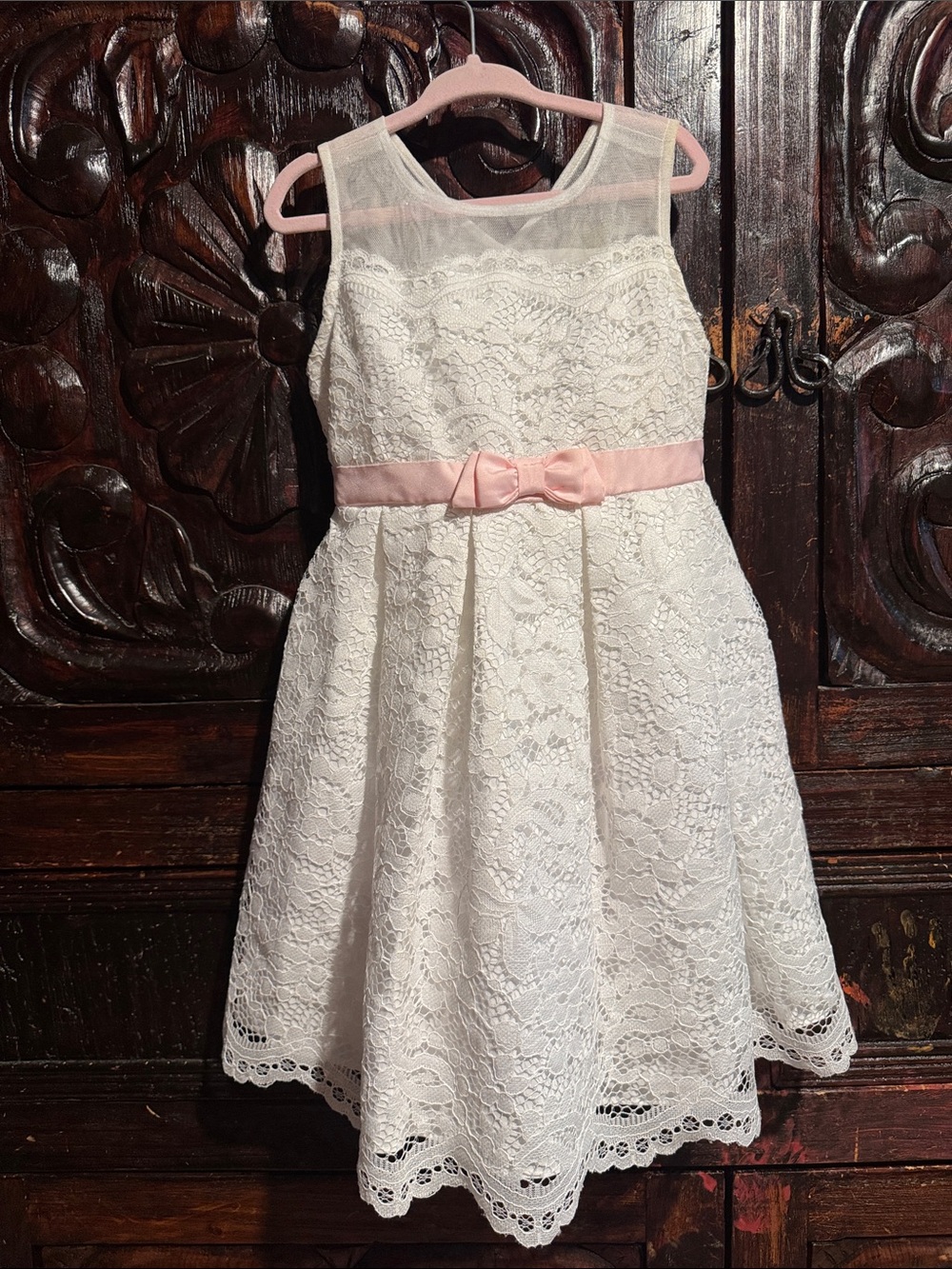 Jona Michelle Ivory Lace Formal Dress with Pink Waist Bow